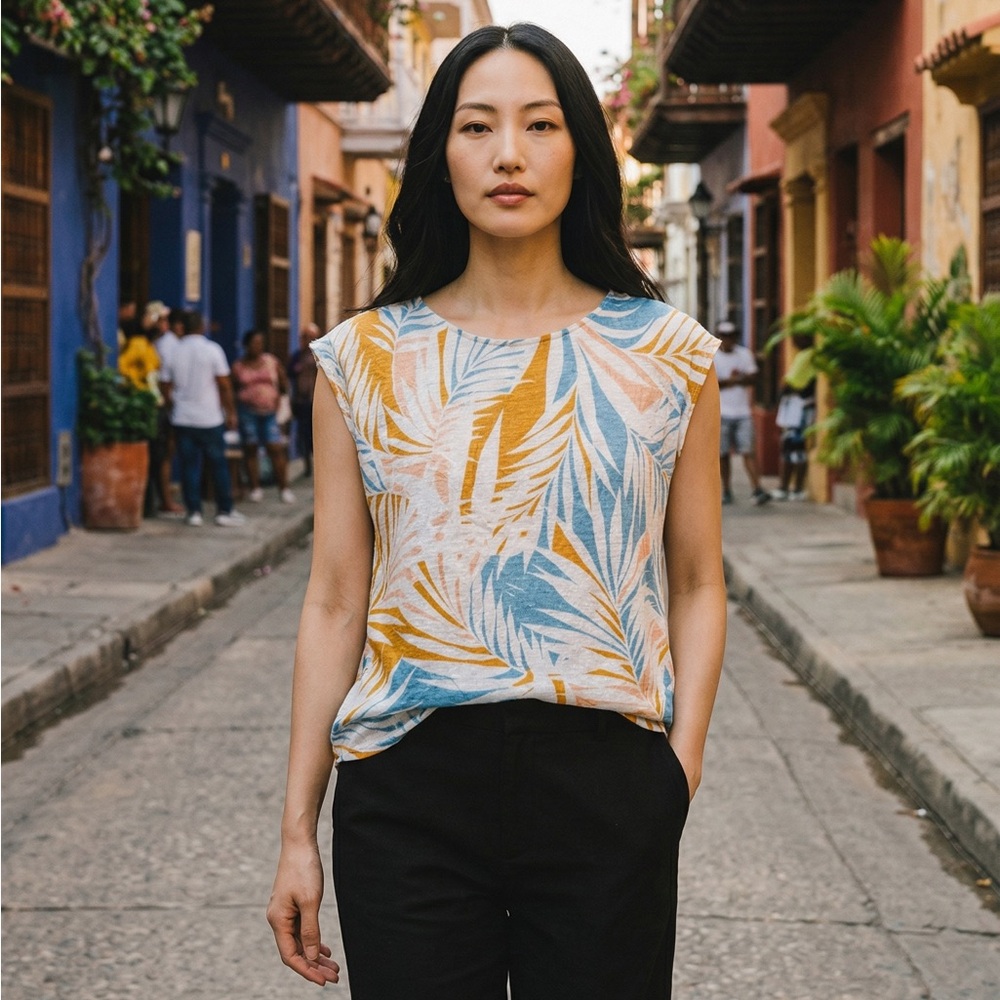 Cynthia Rowley 100% Linen Palm Leaf Cap-Sleeve Tank in Blue, Mustard & White